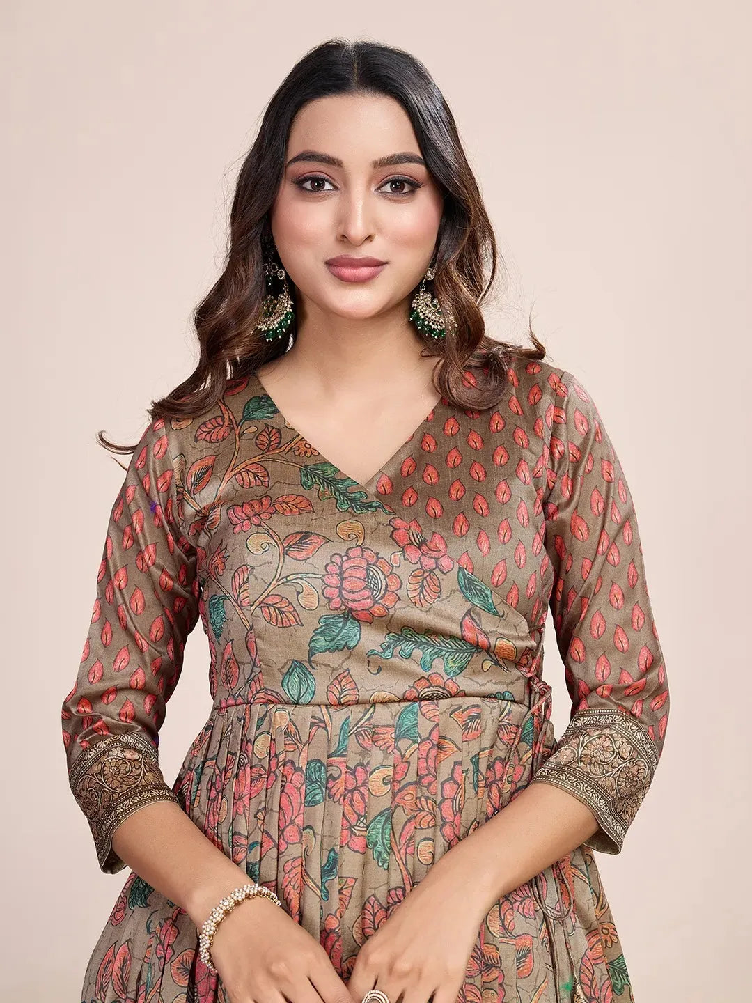 Anarkali Kalamkari Printed Floral Gown for Women - Grey