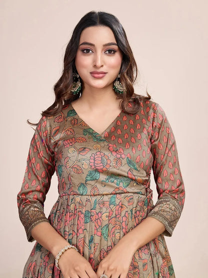 Anarkali Kalamkari Printed Floral Gown for Women - Grey