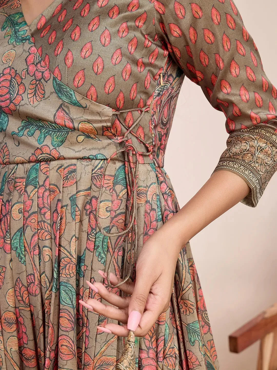 Anarkali Kalamkari Printed Floral Gown for Women - Grey