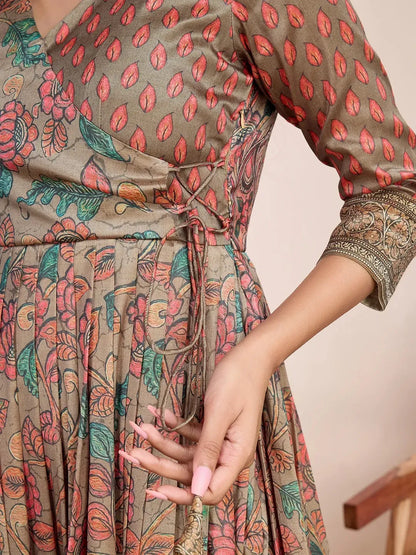 Anarkali Kalamkari Printed Floral Gown for Women - Grey