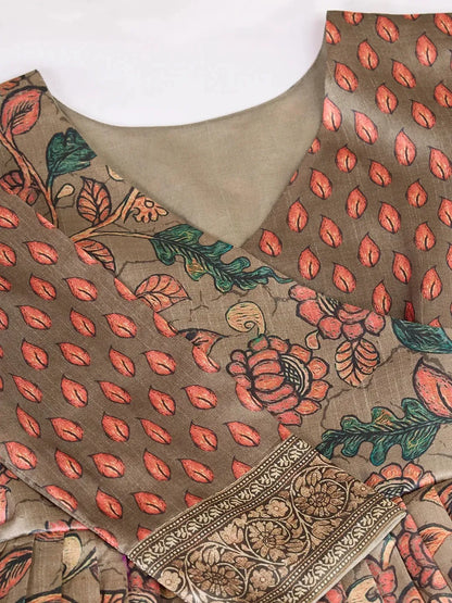 Anarkali Kalamkari Printed Floral Gown for Women - Grey