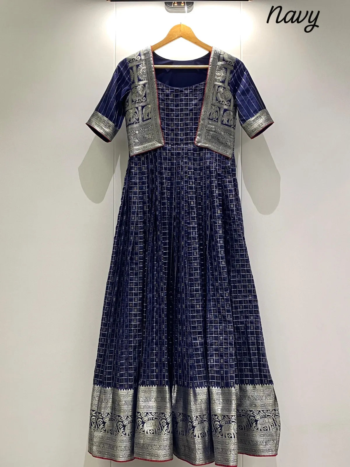 Navy Blue Zari Checks Jacket Style Flared Gown