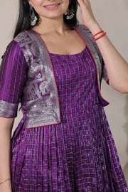 Purple Zari Checks Jacket Style Flared Gown