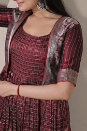 Maroon Zari Checks Jacket Style Flared Gown