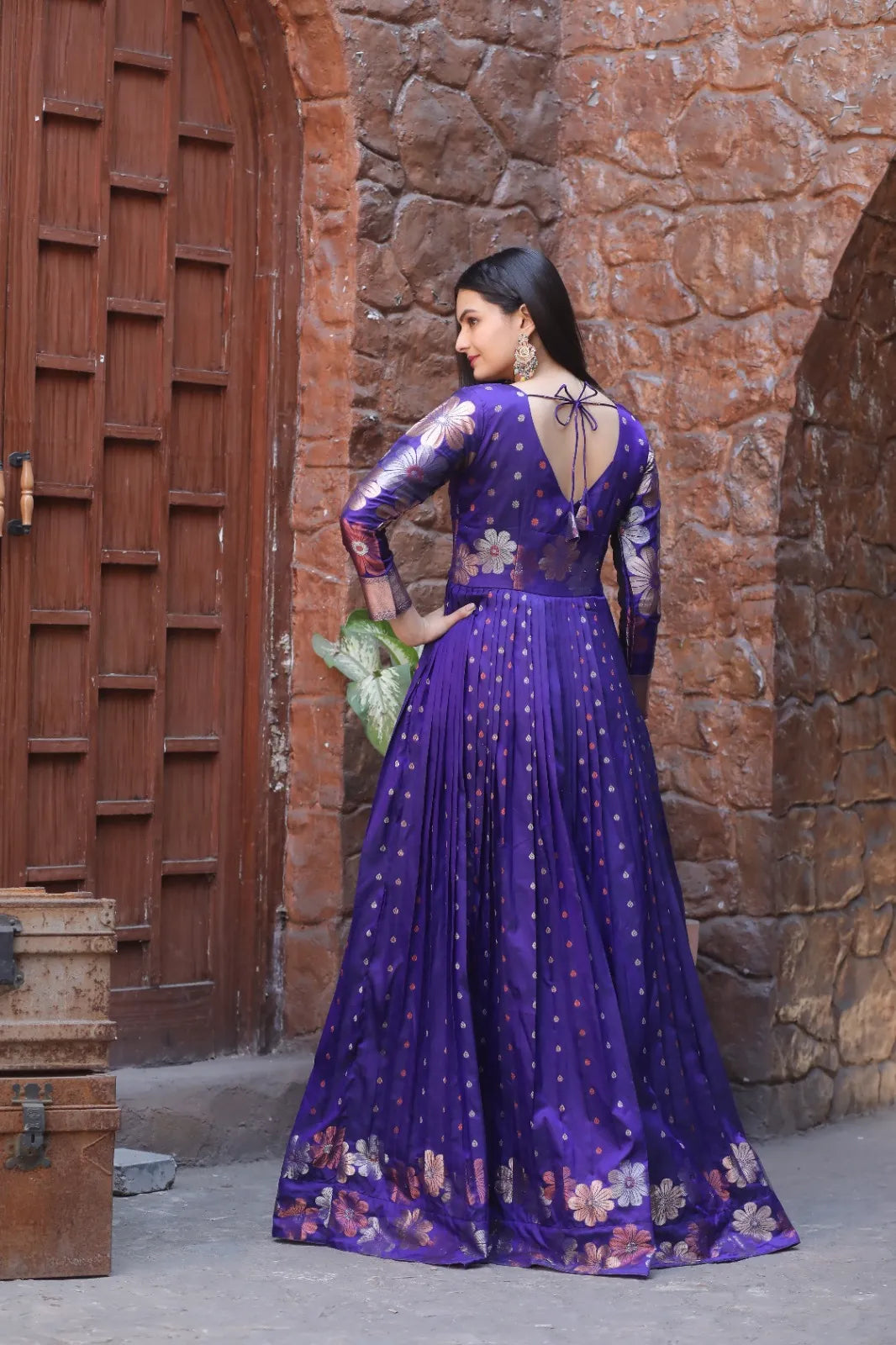 Royal Purple Zari Buti Flared Anarkali Gown