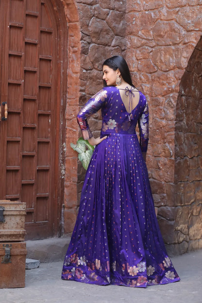 Royal Purple Zari Buti Flared Anarkali Gown
