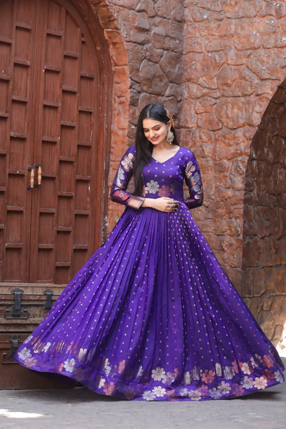Royal Purple Zari Buti Flared Anarkali Gown