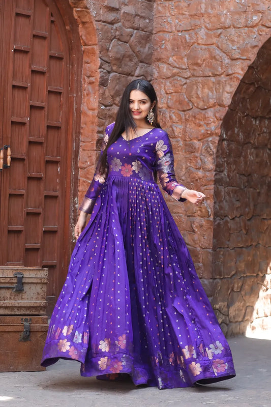 Royal Purple Zari Buti Flared Anarkali Gown