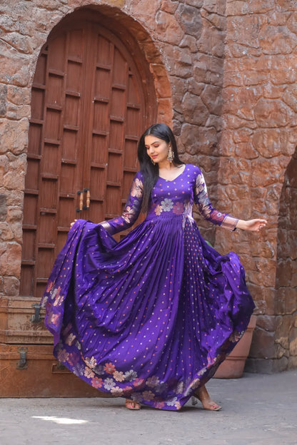 Royal Purple Zari Buti Flared Anarkali Gown