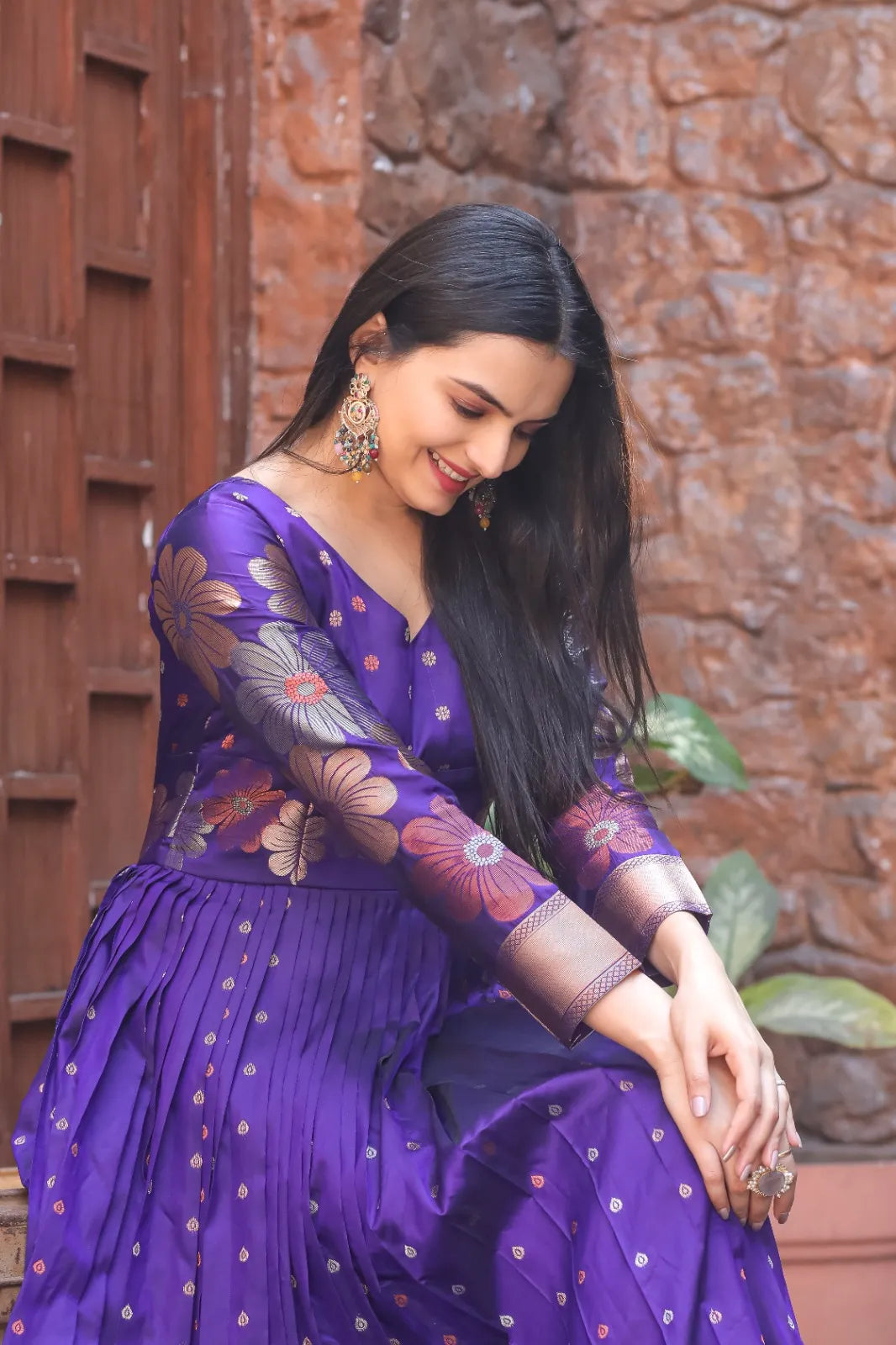 Royal Purple Zari Buti Flared Anarkali Gown