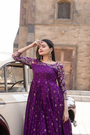 Royal Purple Zari Buti Anarkali Gown with Floral Border