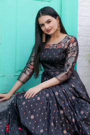 Black Zari Buti Anarkali Gown with Floral Border