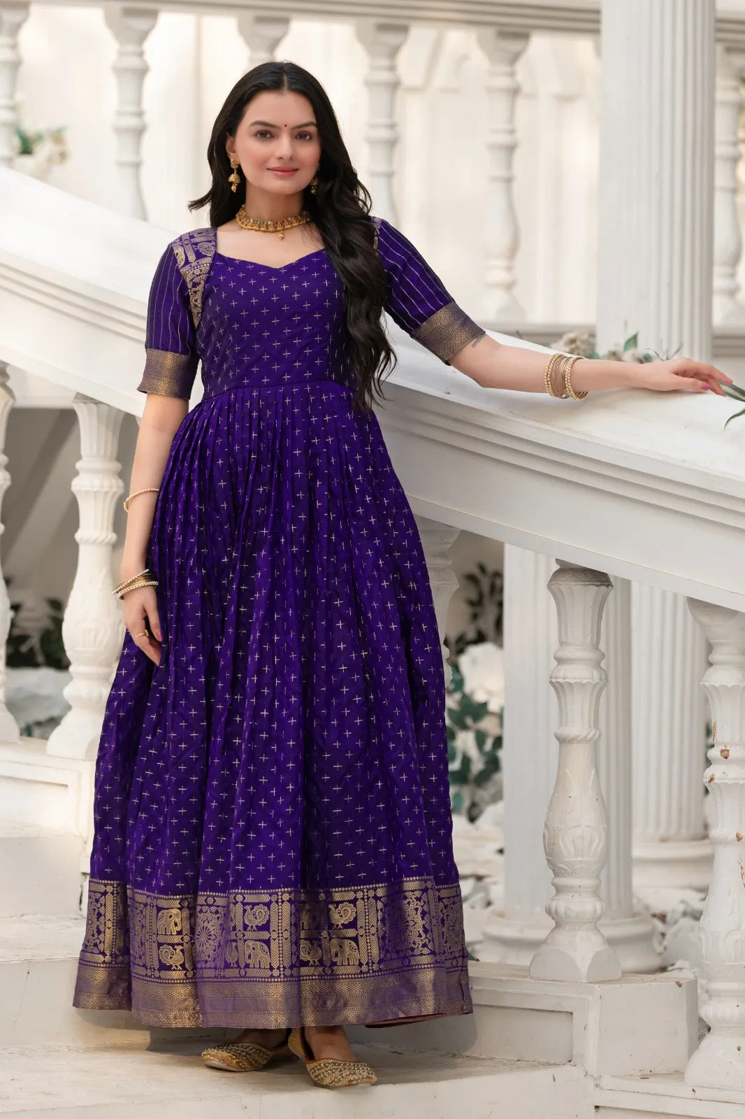 Violet Zari Buti Anarkali Gown with Woven Border
