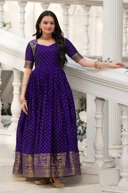 Violet Zari Buti Anarkali Gown with Woven Border