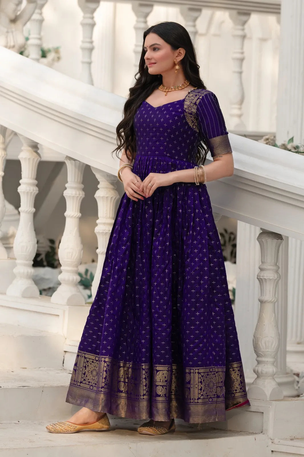 Violet Zari Buti Anarkali Gown with Woven Border