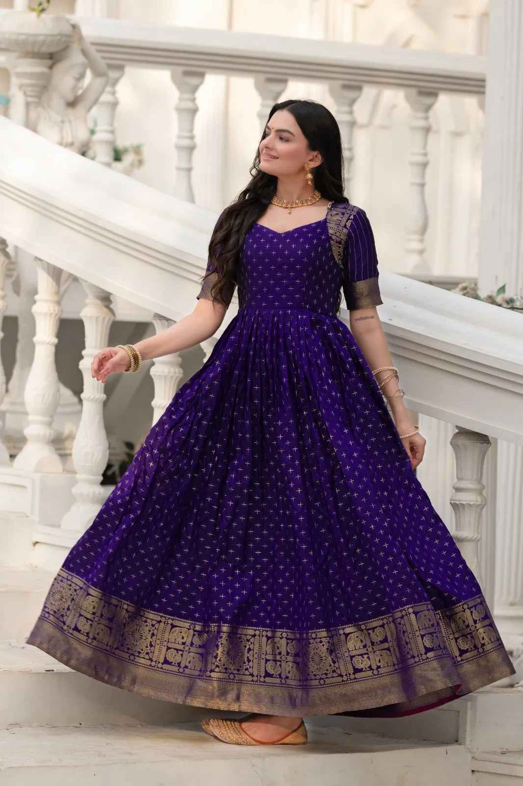 Violet Zari Buti Anarkali Gown with Woven Border