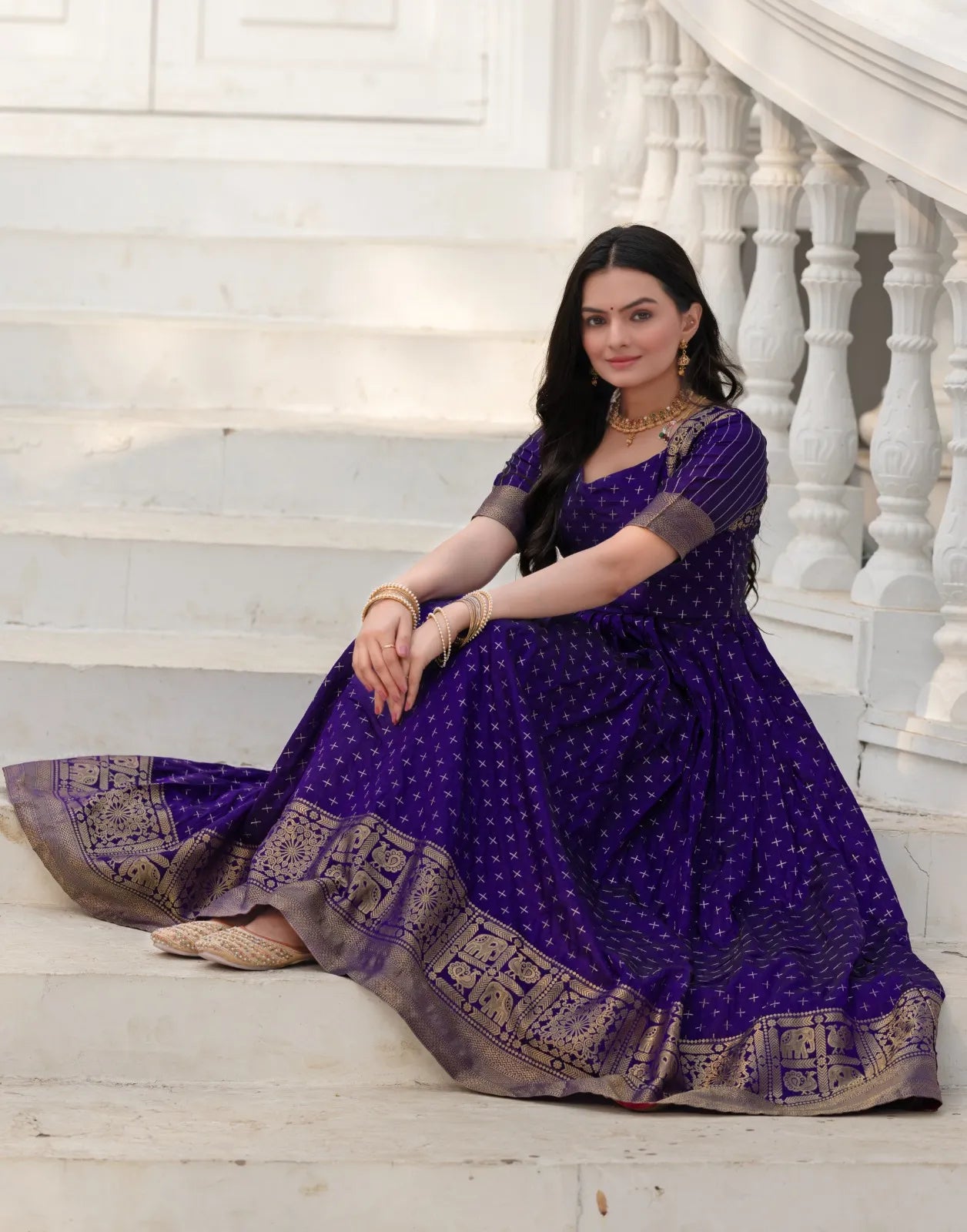 Violet Zari Buti Anarkali Gown with Woven Border