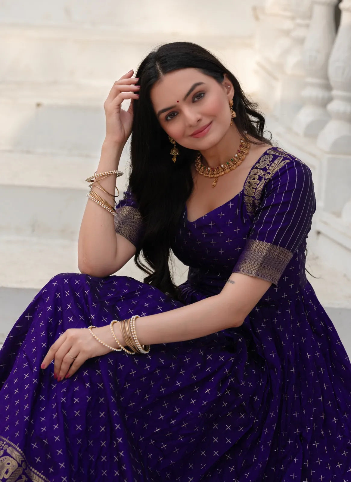 Violet Zari Buti Anarkali Gown with Woven Border