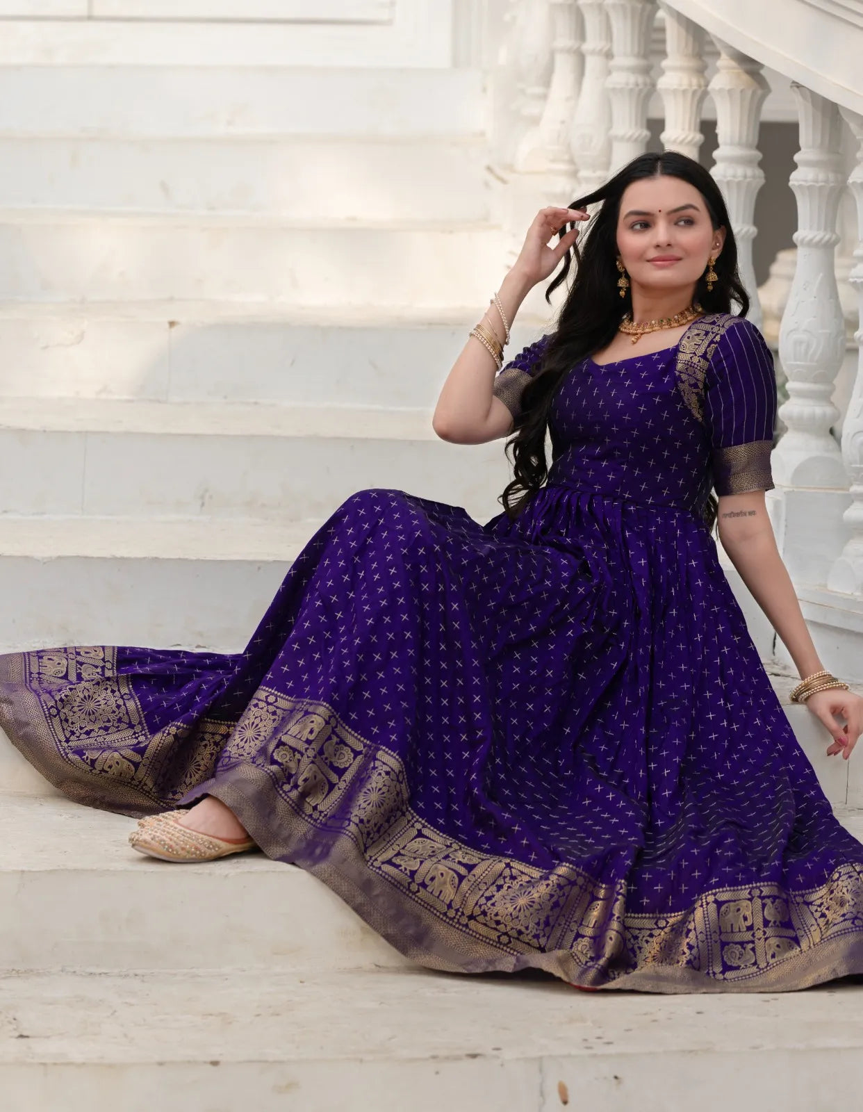 Violet Zari Buti Anarkali Gown with Woven Border
