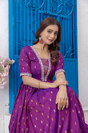 Purple Flared Embroidered Lace Gown