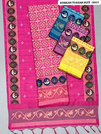 Premium Korean Tussar Unstitched Salwar Suit - Pink