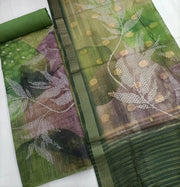 Soft Linen Silk Leaf Pattern Unstitched Salwar Suit - Green