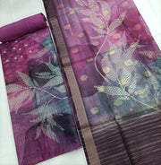 Soft Linen Silk Leaf Pattern Unstitched Salwar Suit - Pink