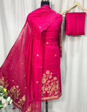 Premium Linen Silk Unstitched Dress Material Set - Pink