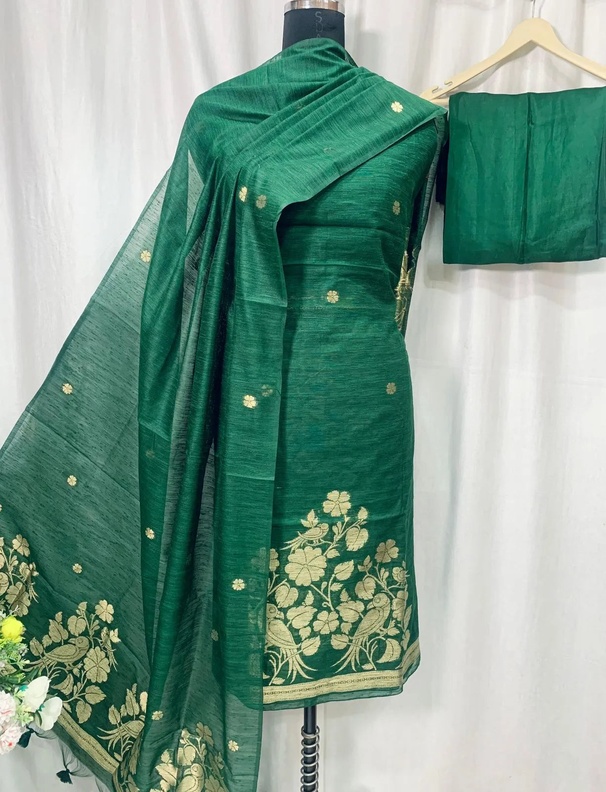 Premium Linen Silk Unstitched Dress Material Set - Green