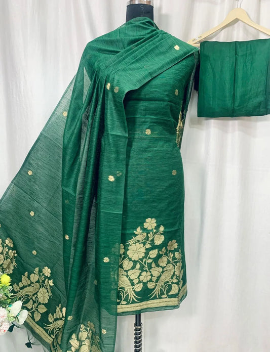 Premium Linen Silk Unstitched Dress Material Set - Green