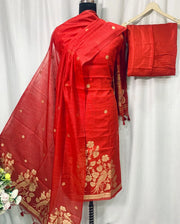 Premium Linen Silk Unstitched Dress Material Set - Red