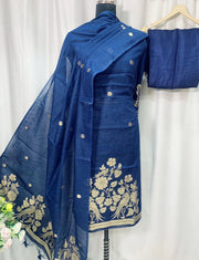 Premium Linen Silk Unstitched Dress Material Set - Navy Blue