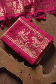 Designer Linen Silk Hiran Weaving Unstitched Dress Material Set - Pink