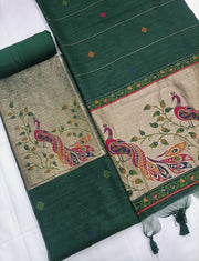 Designer Pichwai Paithani Style Linen Silk Unstitched Salwar Suit - Green