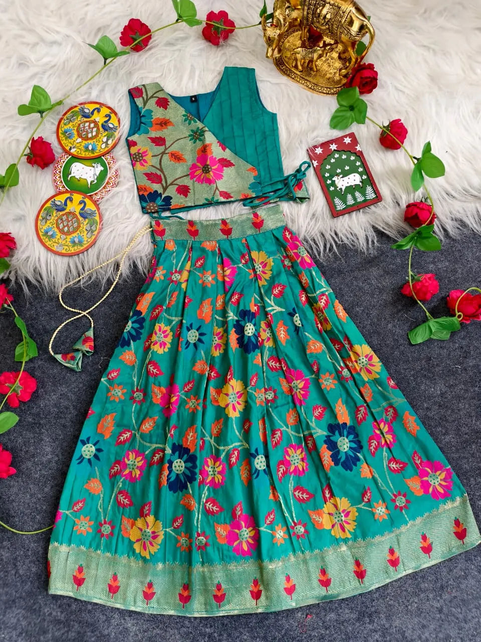 Girls Floral Brocade Lehenga Choli Set – Rama