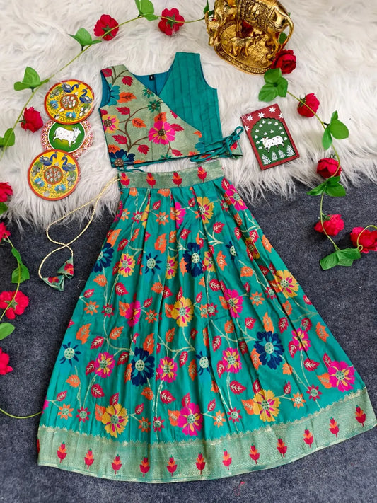 Girls Floral Brocade Lehenga Choli Set – Rama