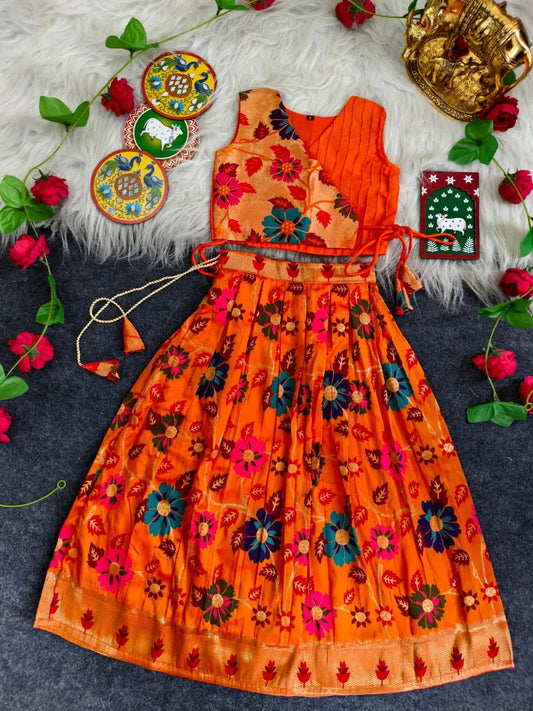 Girls Floral Brocade Lehenga Choli Set – Orange