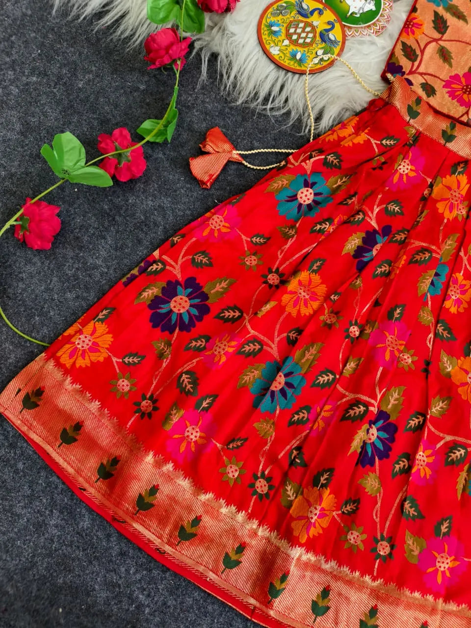 Girls Floral Brocade Lehenga Choli Set – Red