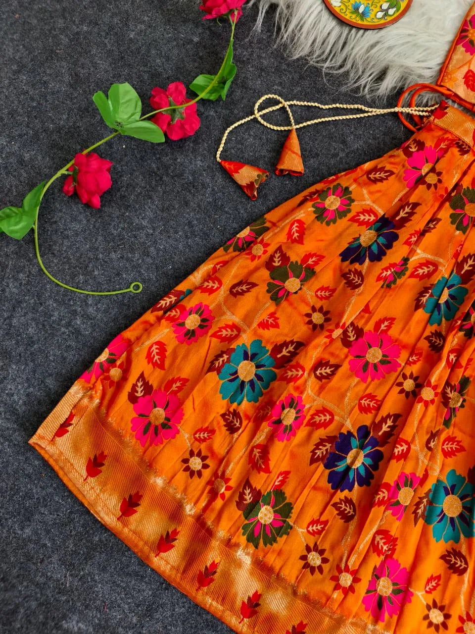 Girls Floral Brocade Lehenga Choli Set – Orange