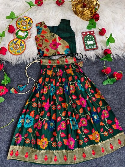 Girls Floral Brocade Lehenga Choli Set – Green