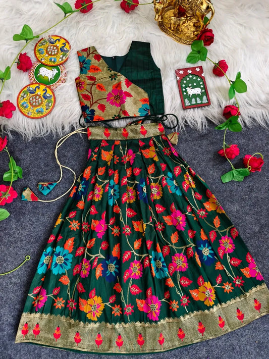 Girls Floral Brocade Lehenga Choli Set – Green
