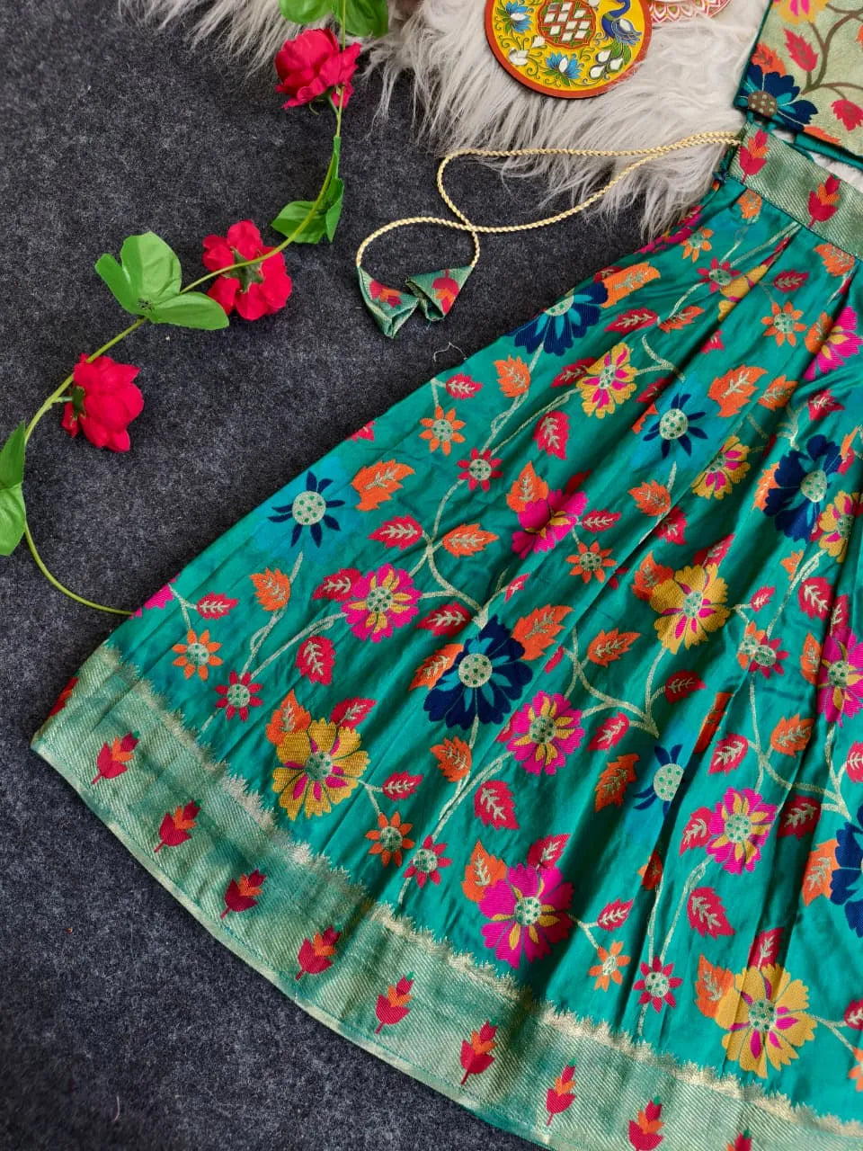 Girls Floral Brocade Lehenga Choli Set – Rama