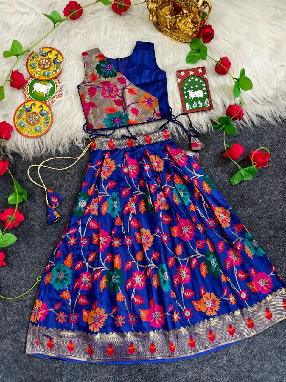 Girls Floral Brocade Lehenga Choli Set – Royal Blue