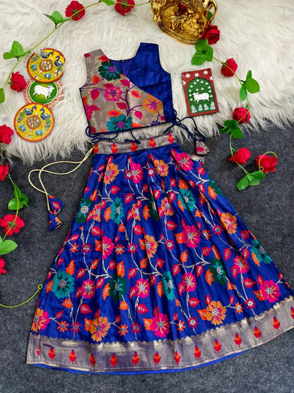 Girls Floral Brocade Lehenga Choli Set – Royal Blue