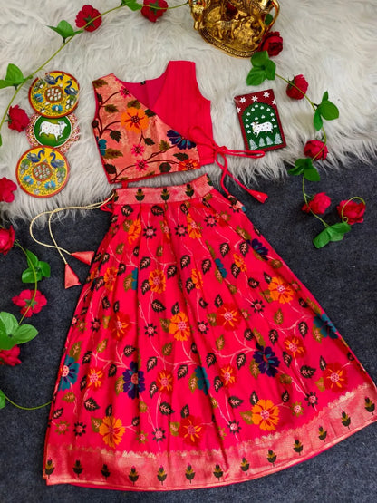 Girls Floral Brocade Lehenga Choli Set – Pink