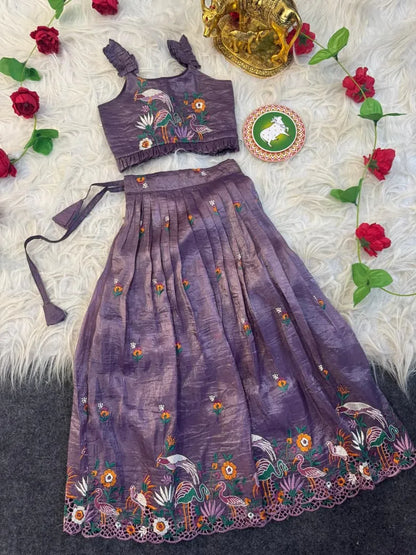 Kids Gold Crush Skirt Set with Bird Motif - Lavender