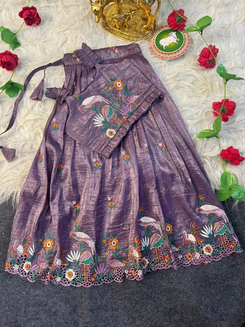 Kids Gold Crush Skirt Set with Bird Motif - Lavender