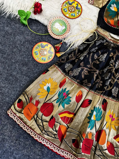 Kids Festive Paithani Lehenga Choli Set - Black