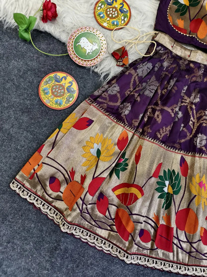 Kids Festive Paithani Lehenga Choli Set - Wine