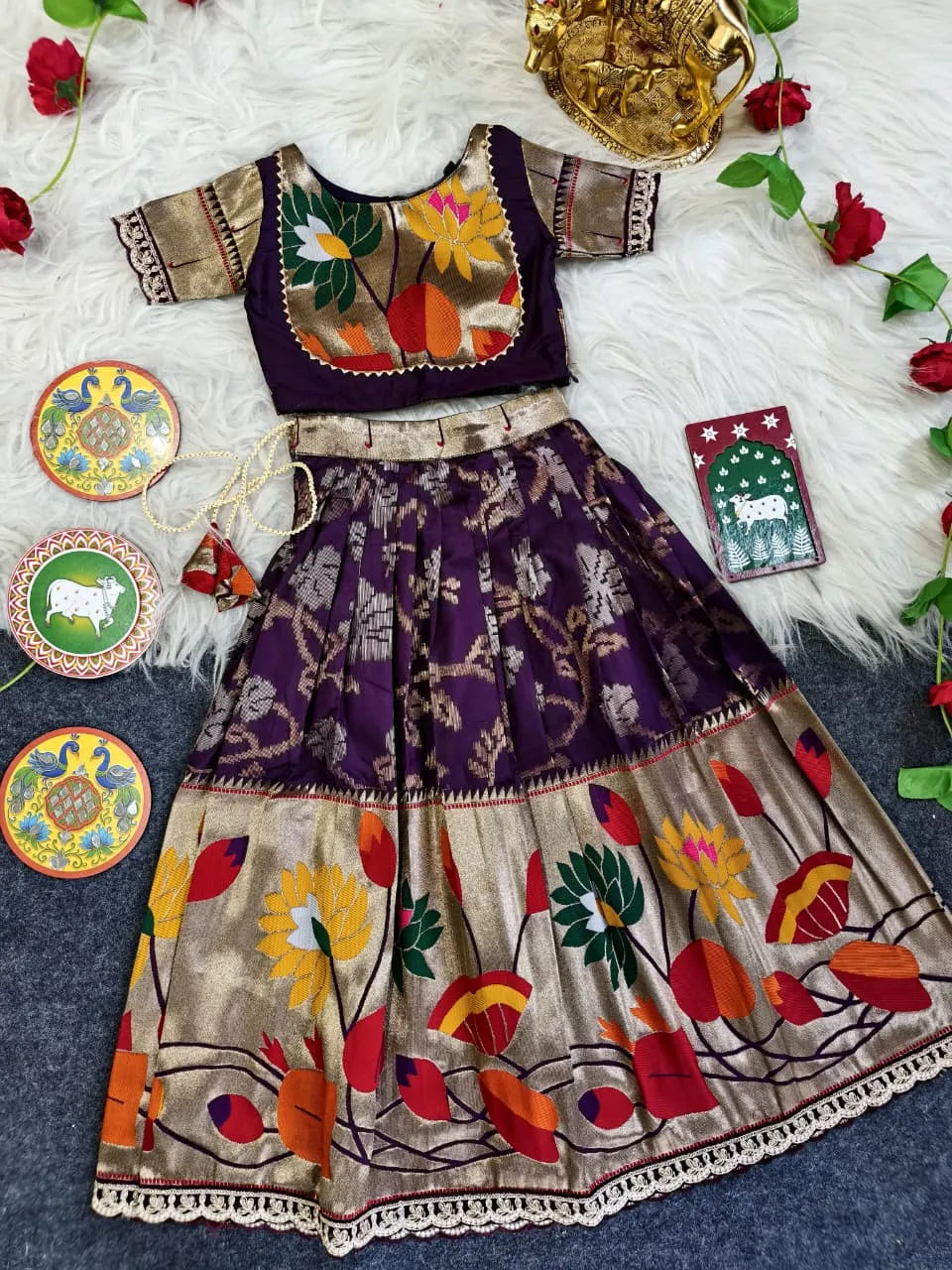 Kids Festive Paithani Lehenga Choli Set - Wine